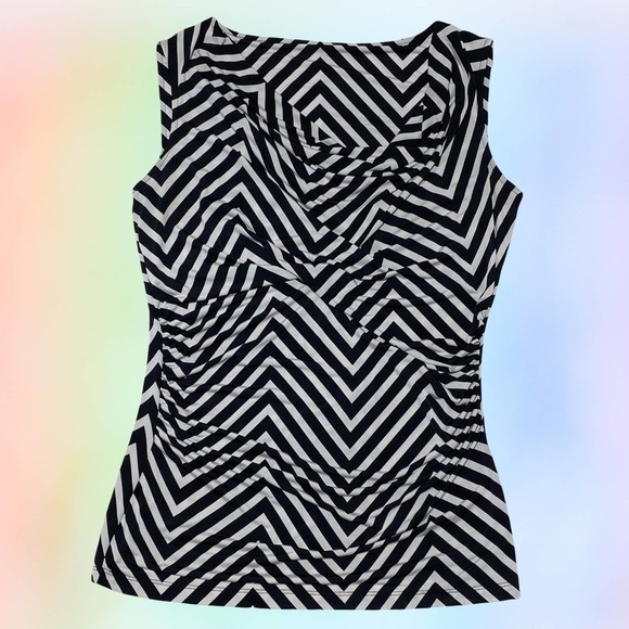 BLACK & White Chevron Stripe Drapey Cowl Neck Sleeveless Blouse - Picture 9 of 10